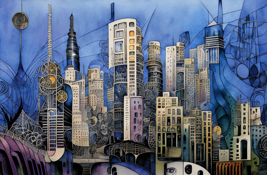 Abstract cityscape painting with whimsical buildings on blue sky