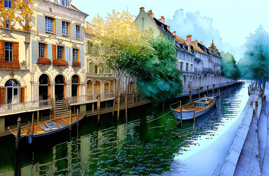 Colorful European Canal Scene with Boats and Buildings