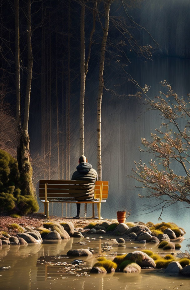 Tranquil person on park bench by lake and trees