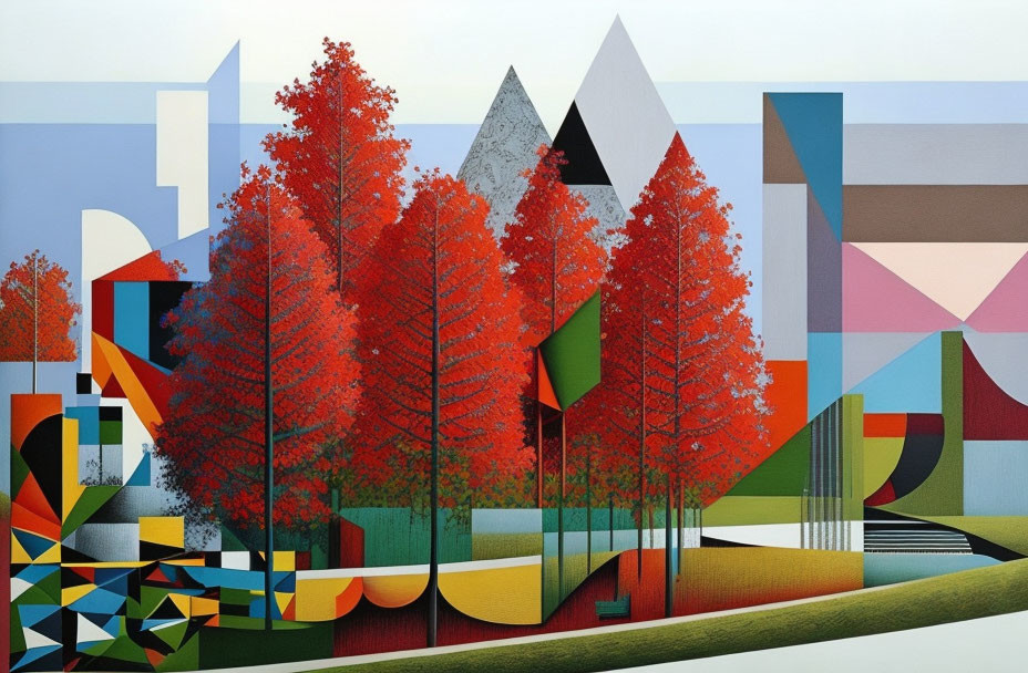 Colorful geometric landscape with vibrant autumn trees