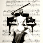 Stylized illustration of person playing grand piano with swirling musical notes