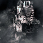 Castle with Multiple Spires and Towers in Dark, Cloudy Landscape