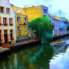 Colorful European Canal Scene with Boats and Buildings