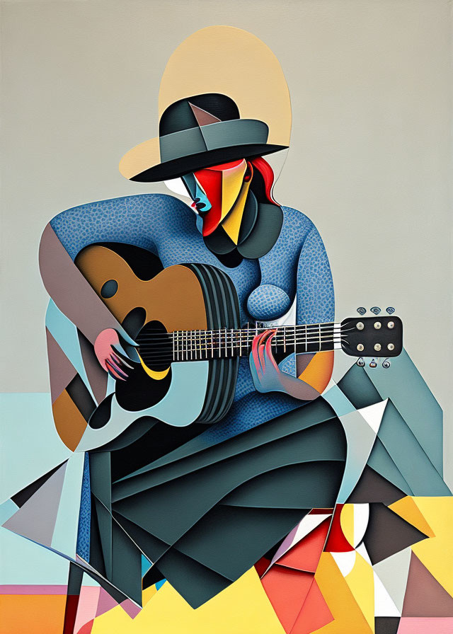 Cubist-style painting: Seated figure playing guitar with geometric shapes.