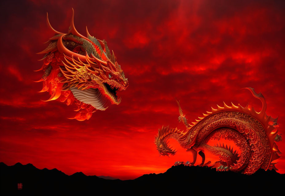 Vivid red dragon with intricate scales in dramatic crimson sky