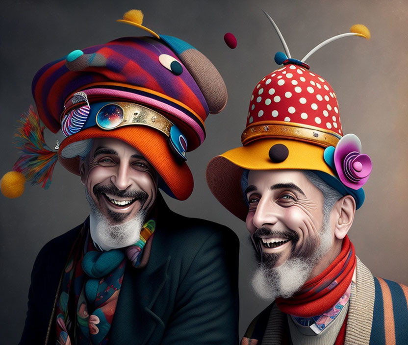 Colorful Hats Worn by Two Men Laughing