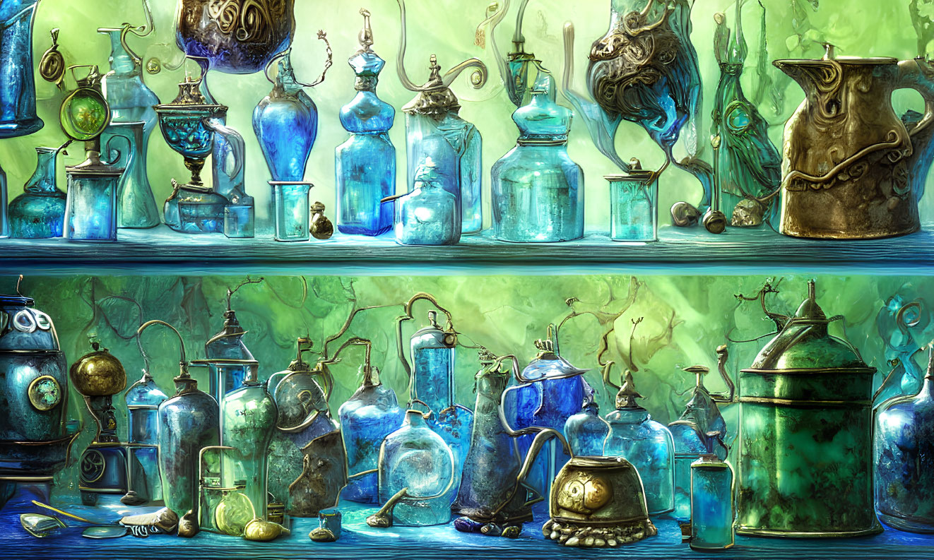 Colorful Glass Bottles and Containers in Fantasy Display