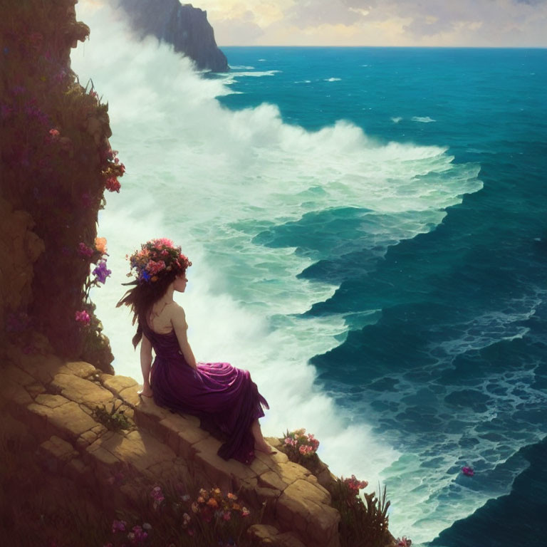 Woman with floral wreath overlooking turquoise ocean from cliff