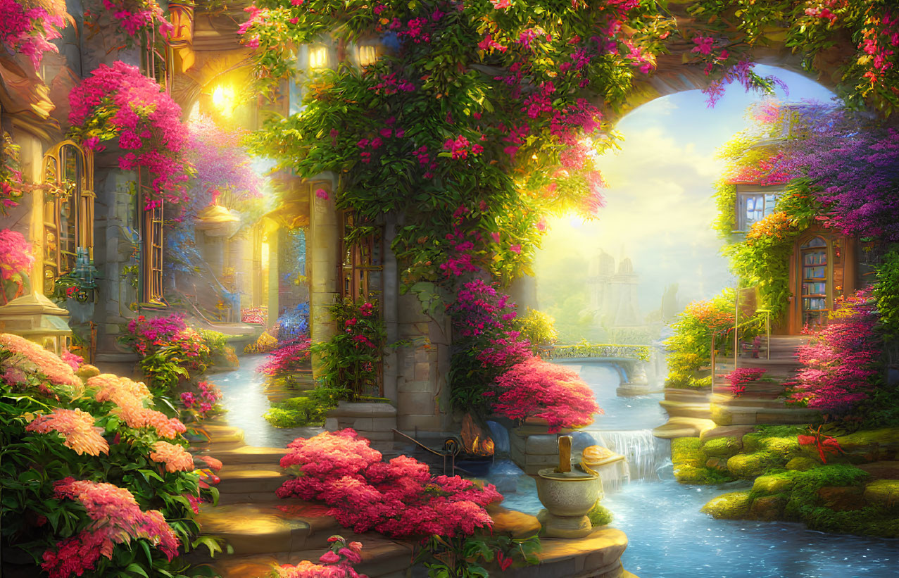 Colorful Fantasy Garden with Waterfalls and Stone Pathway