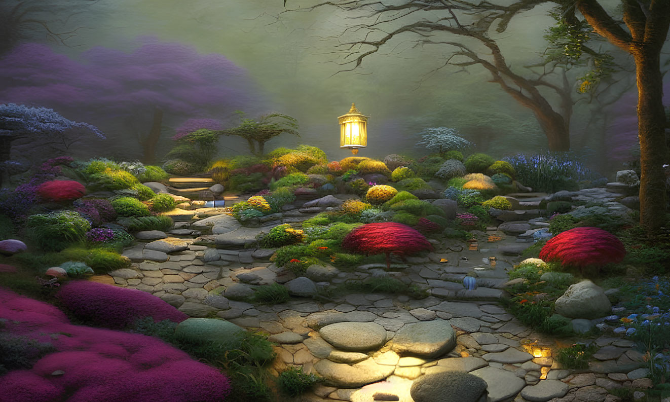 Twilight garden with moss-covered stones, lantern, and mysterious tree