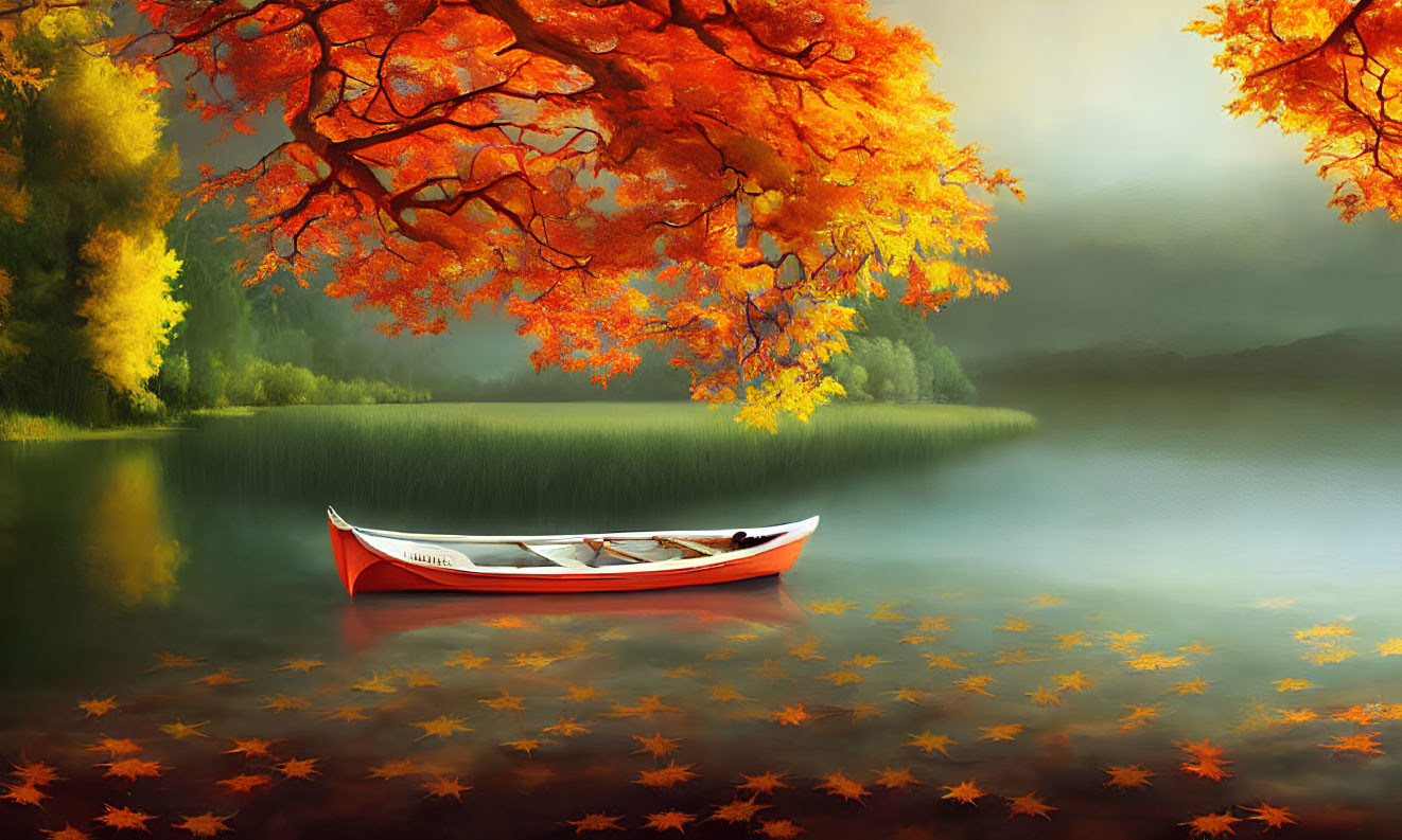 Tranquil autumn lake with red canoe, orange leaves, and fallen foliage