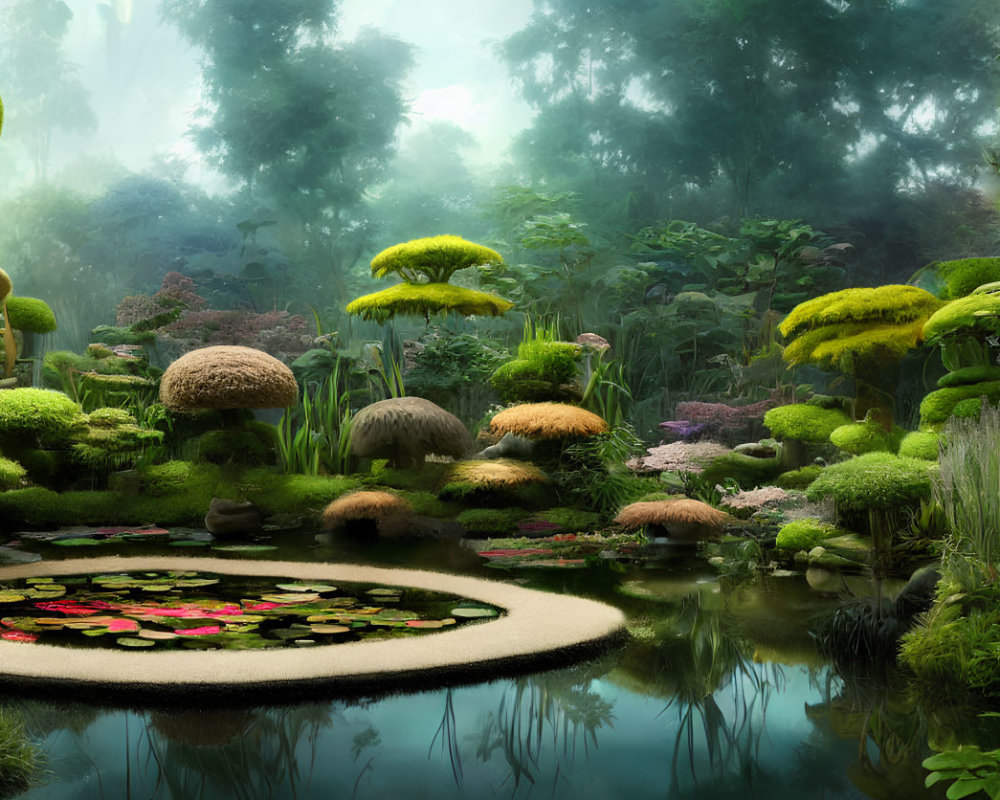 Mystical garden with oversized mushrooms and tranquil pond