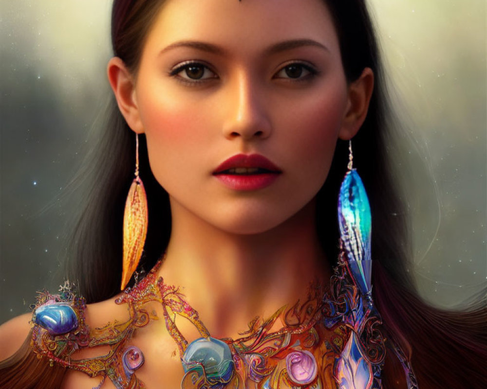 Colorful digital artwork of a woman with ornate headgear and necklace under a celestial backdrop