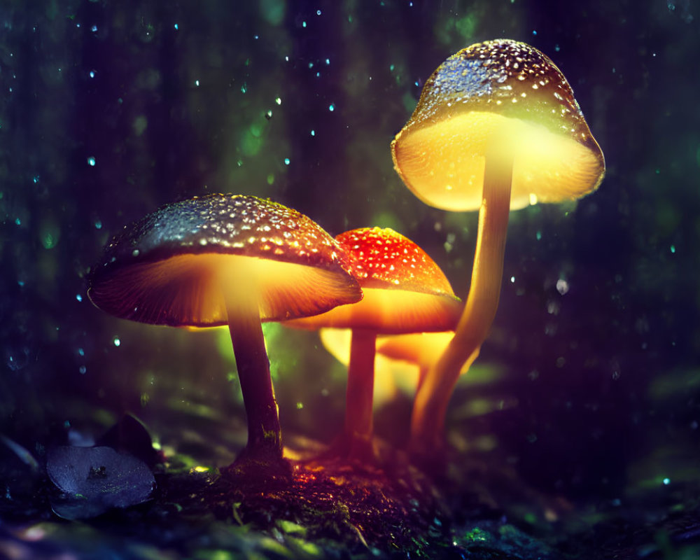 Glowing mushrooms in enchanted forest with magical ambiance