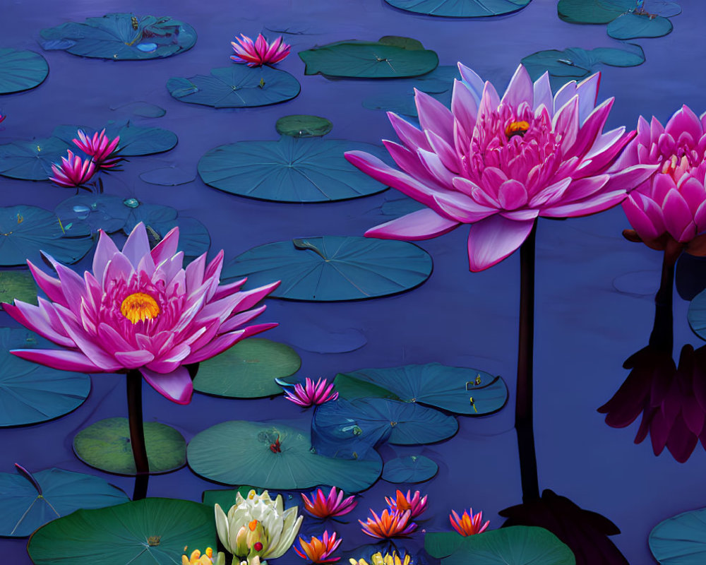 Pink Lotus Flowers Blooming in Dark Blue Water