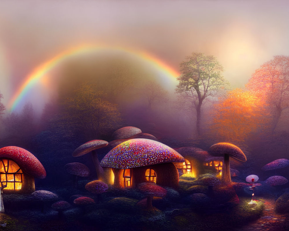 Colorful Mushroom Houses in Misty Wooded Area with Rainbow and Character Holding Umbrella