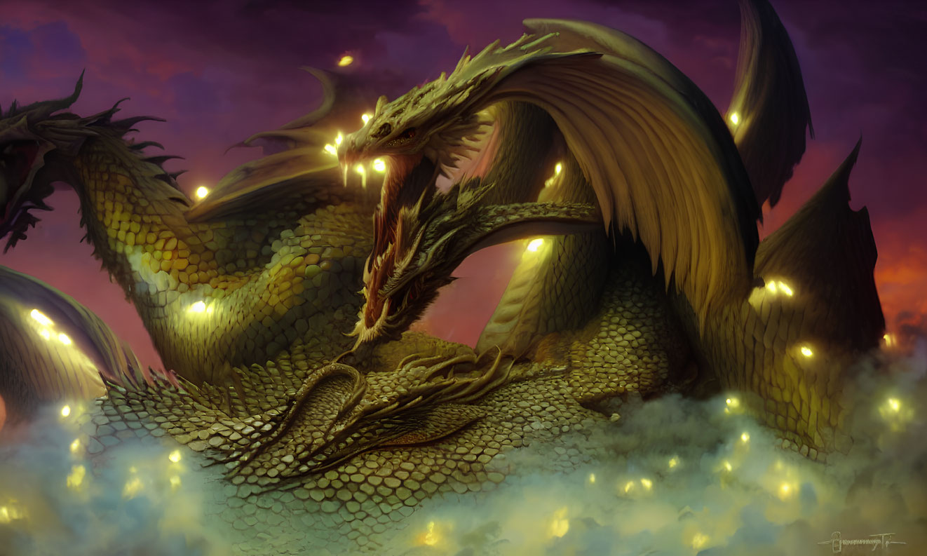 Majestic dragon with glowing eyes in mystical landscape