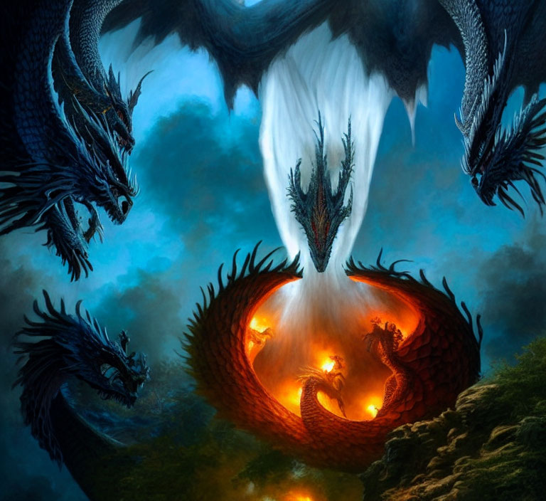 Four dragons guarding a fiery egg in mystical blue atmosphere