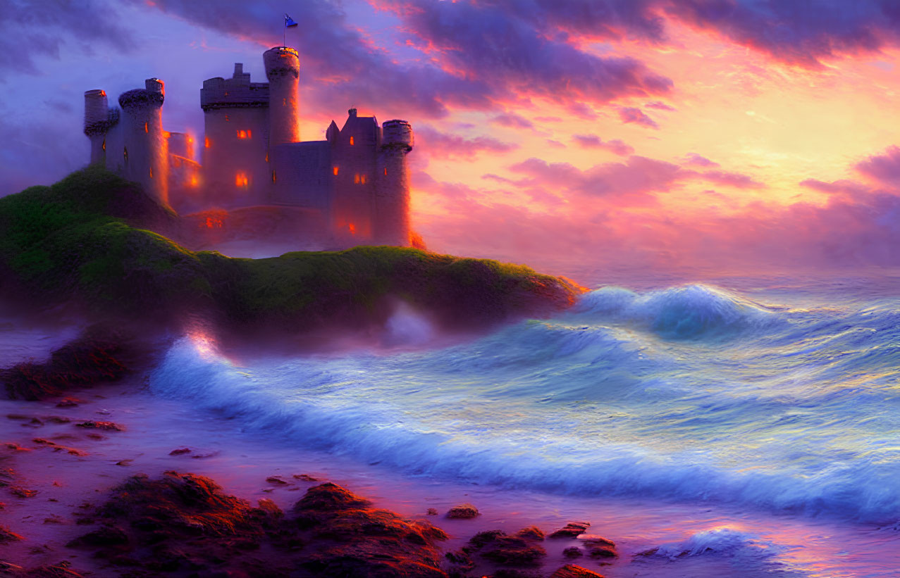 Majestic castle on lush hill by ocean at vibrant sunset