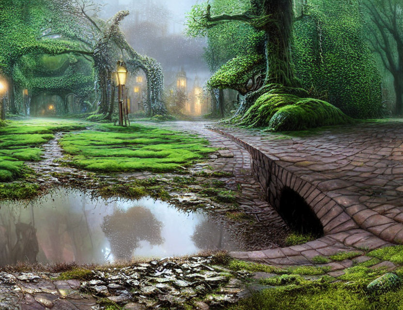 Enchanting forest path with cobblestone bridge and whimsical tree-shaped houses