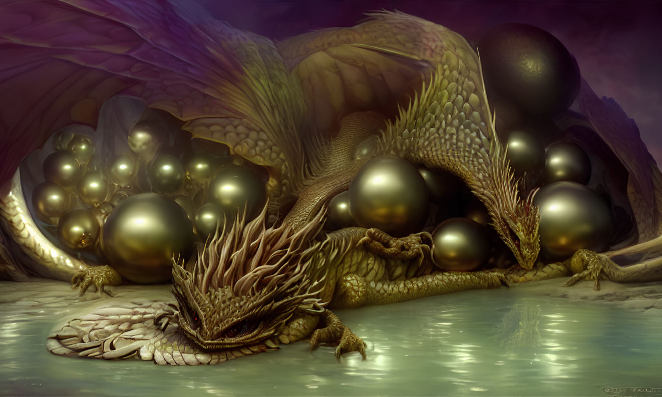 Mystical dragon with golden orbs in eerie purple cave