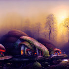 Colorful Mushroom Houses in Misty Wooded Area with Rainbow and Character Holding Umbrella