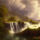 Tranquil waterfall in mystical landscape with lush greenery
