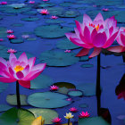 Pink Lotus Flowers Blooming in Dark Blue Water