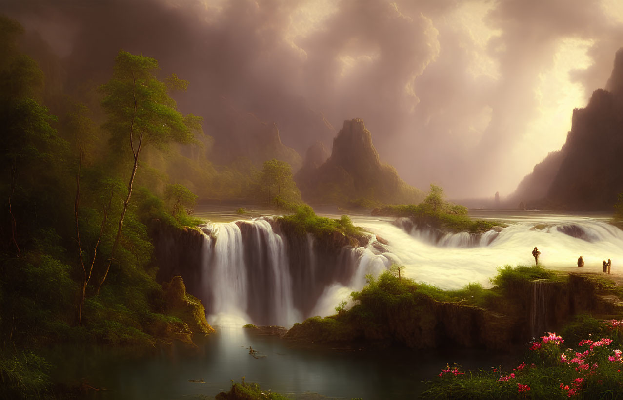 Tranquil waterfall in mystical landscape with lush greenery