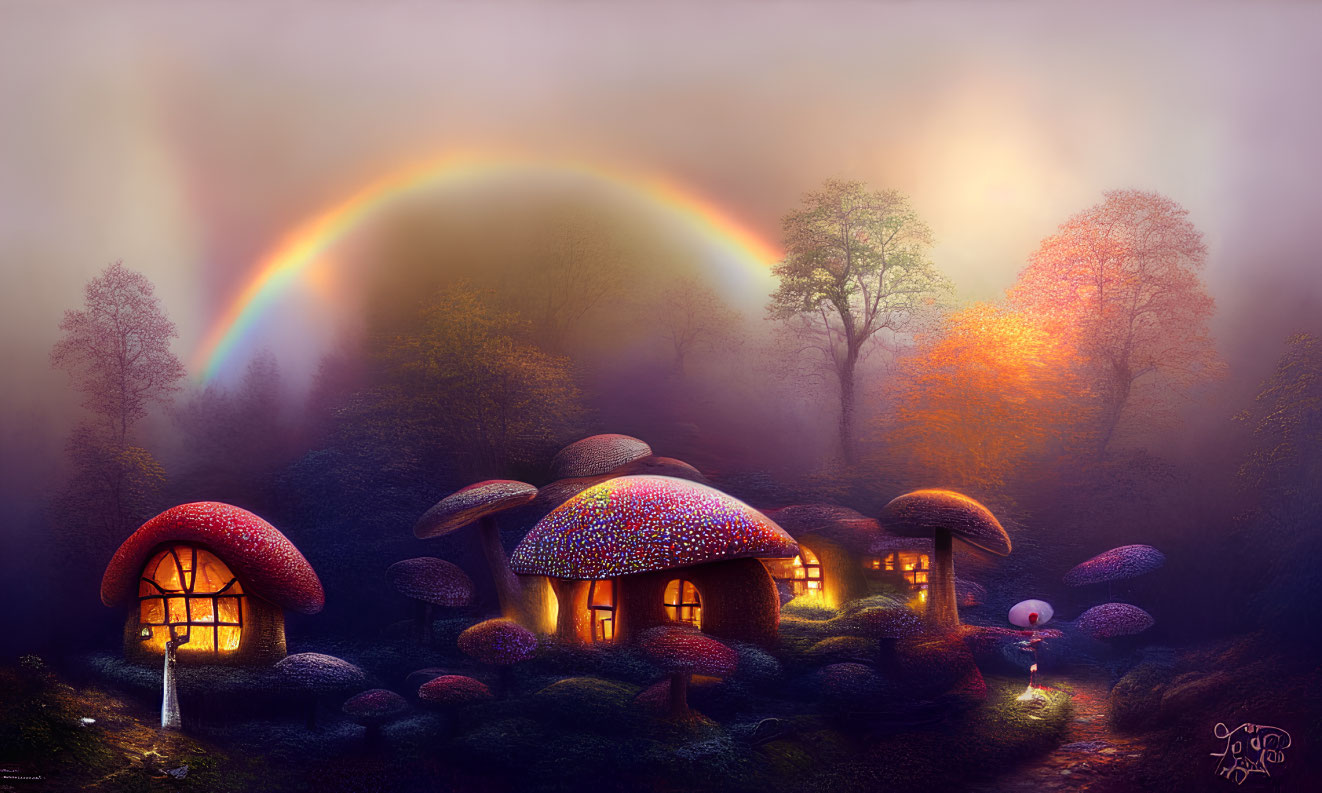 Colorful Mushroom Houses in Misty Wooded Area with Rainbow and Character Holding Umbrella