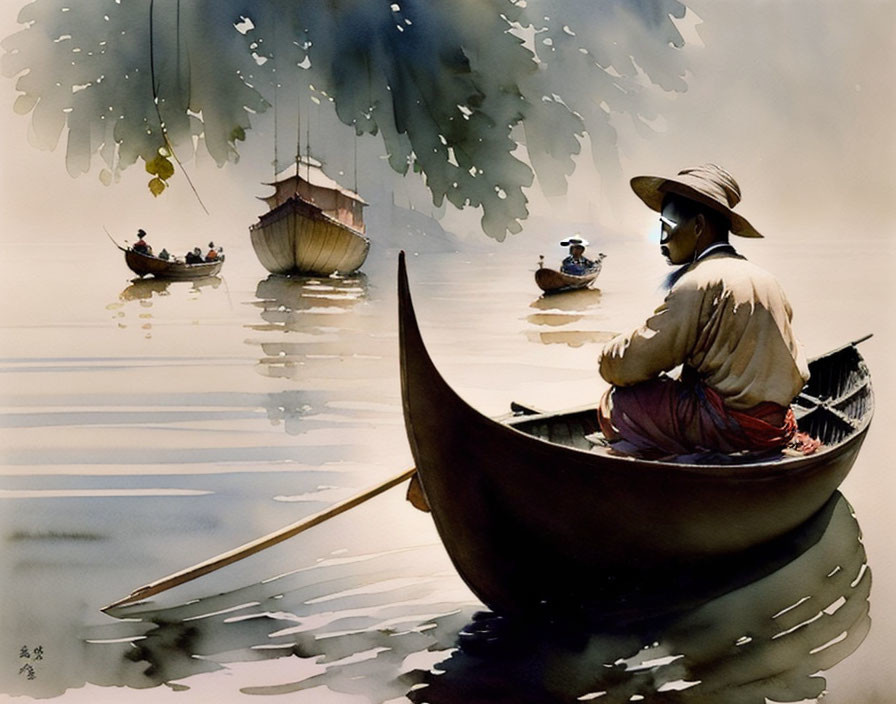 Tranquil watercolor painting of person rowing boat in serene setting