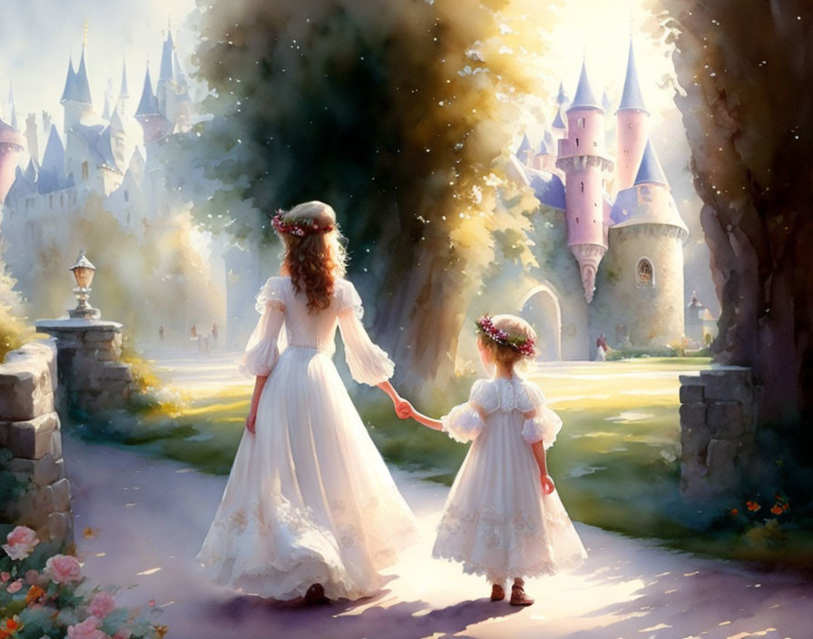 Two individuals in white dresses with floral crowns walking towards a castle in a sunlit landscape