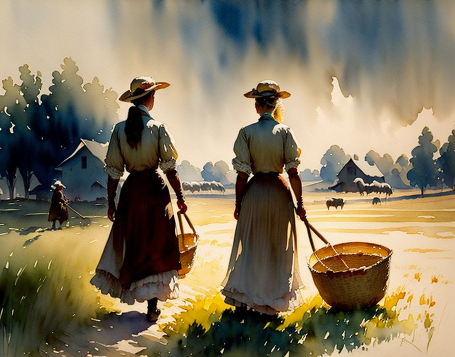 Two women in vintage clothing in sunlit field with cows and farmstead.