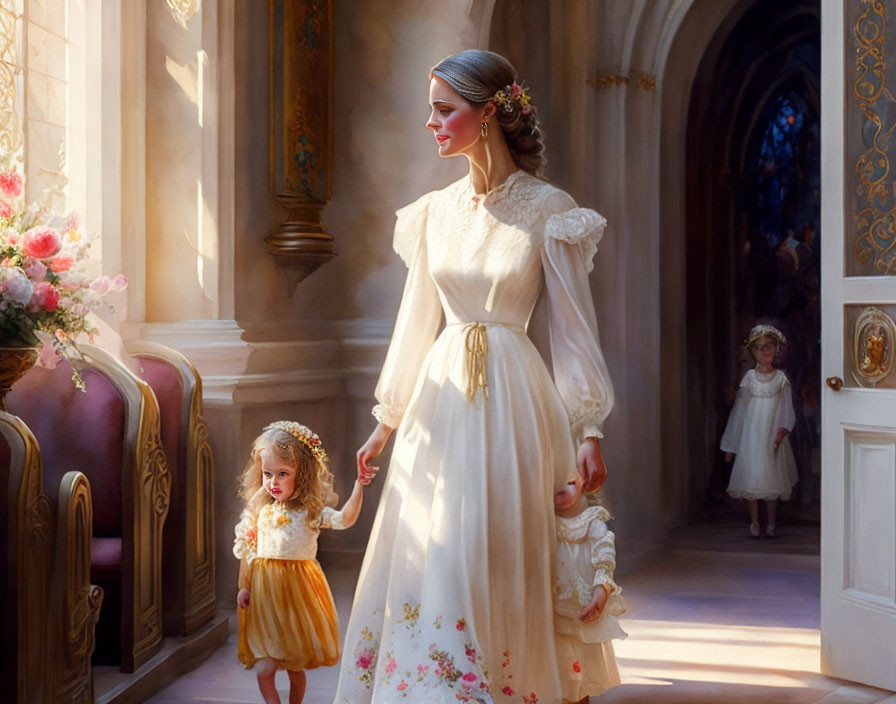 Woman and children in vintage attire walking down sunlit corridor