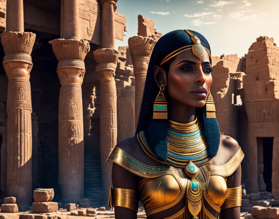 Ancient Egyptian queen with gold jewelry in hieroglyph-filled setting