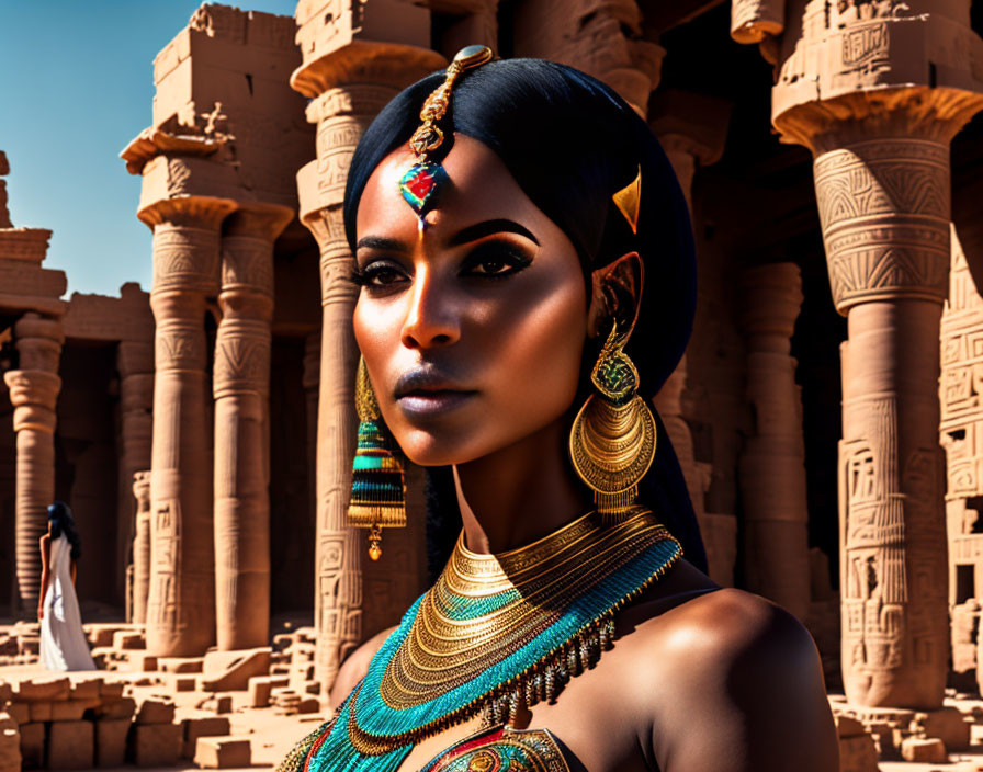 Ancient Egyptian-style jewelry on a woman with hieroglyph-covered columns