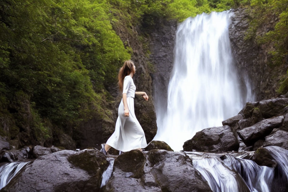 Person in White Dress Standing on Rocks by Cascading Waterfall