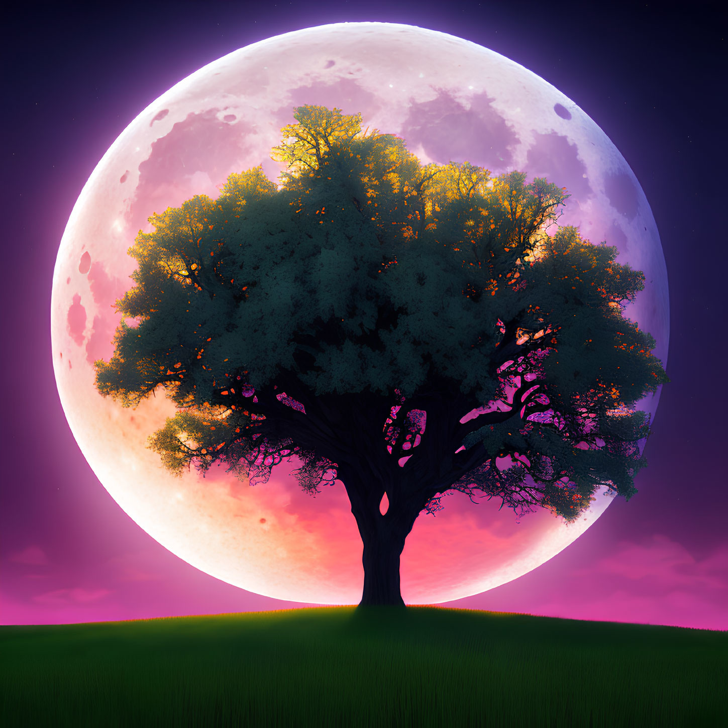 Solitary tree silhouette against vivid purple moon in dusk sky