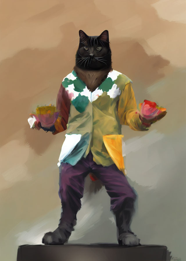 Colorful anthropomorphic cat in lab coat with petri dishes