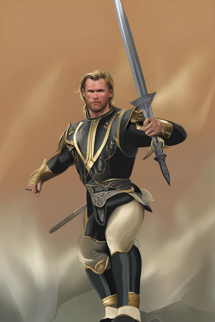 Fantasy knight with blond hair in black and gold armor on brown background