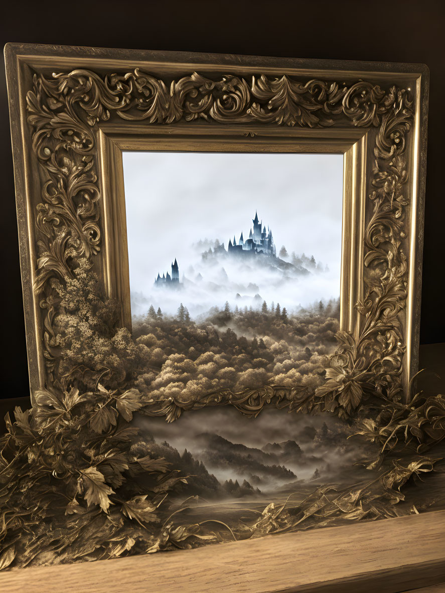 Golden Frame with Misty Landscape Painting and Floral Relief