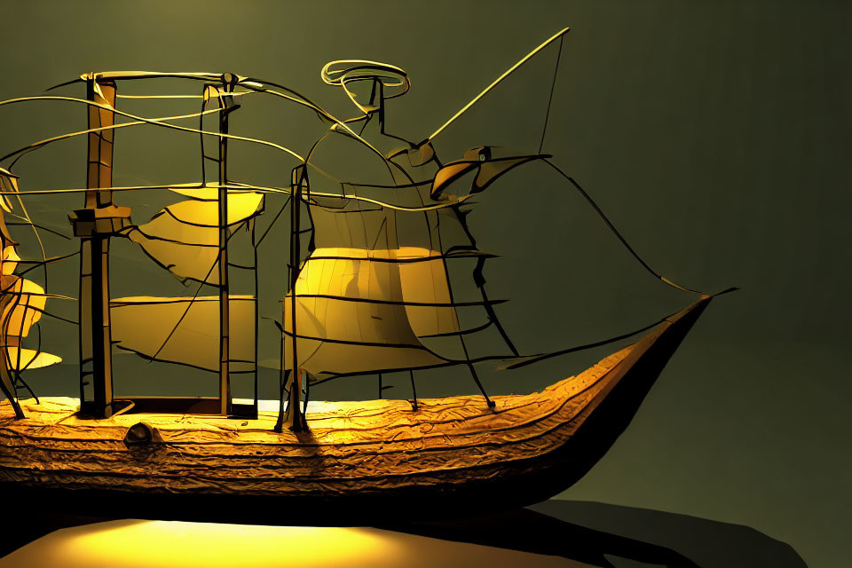 Golden vintage ship model in 3D with intricate details on dark olive background