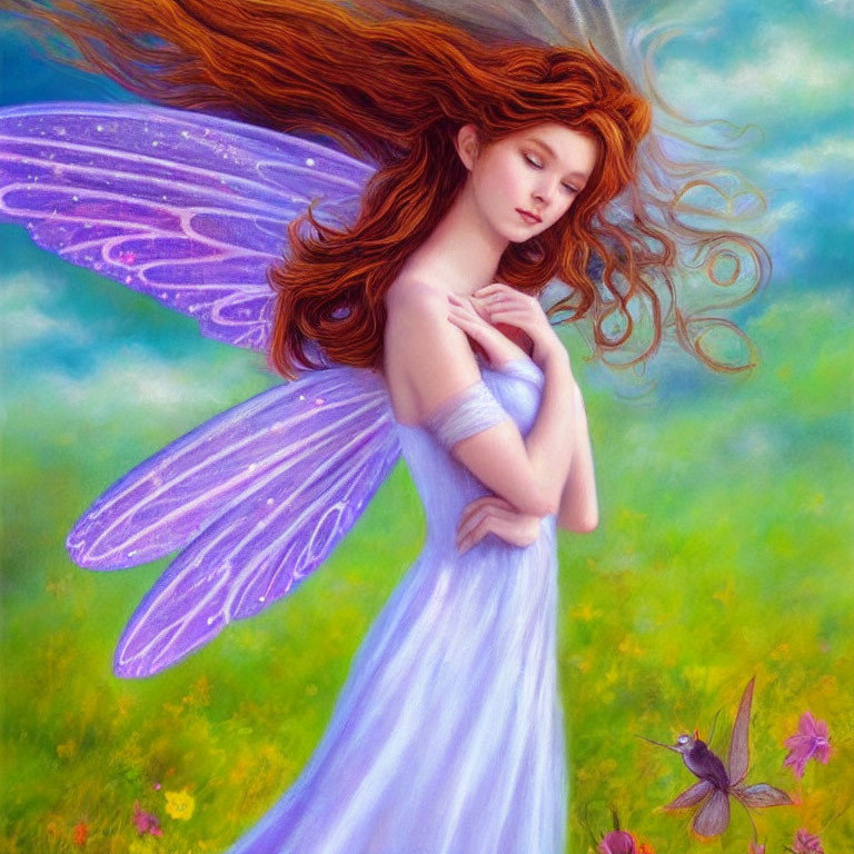 Red-Haired Fairy with Purple Wings in Wistful Pose in Green Meadow