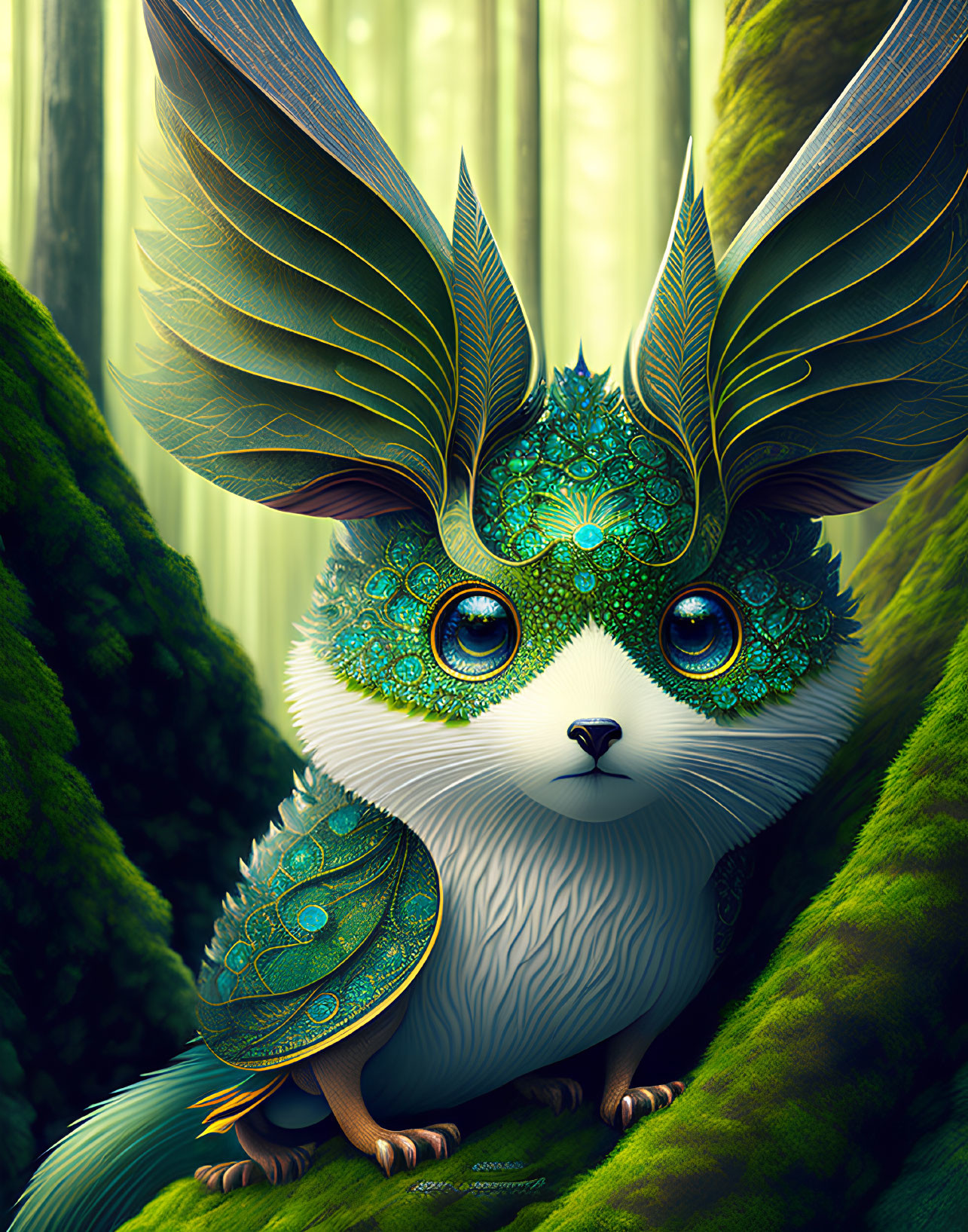 Fantastical creature with ornate ears and luminous eyes in vibrant forest