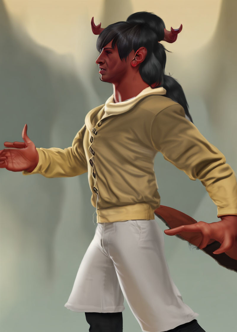 Fantasy character with horns and pointed ears in beige jacket and white pants