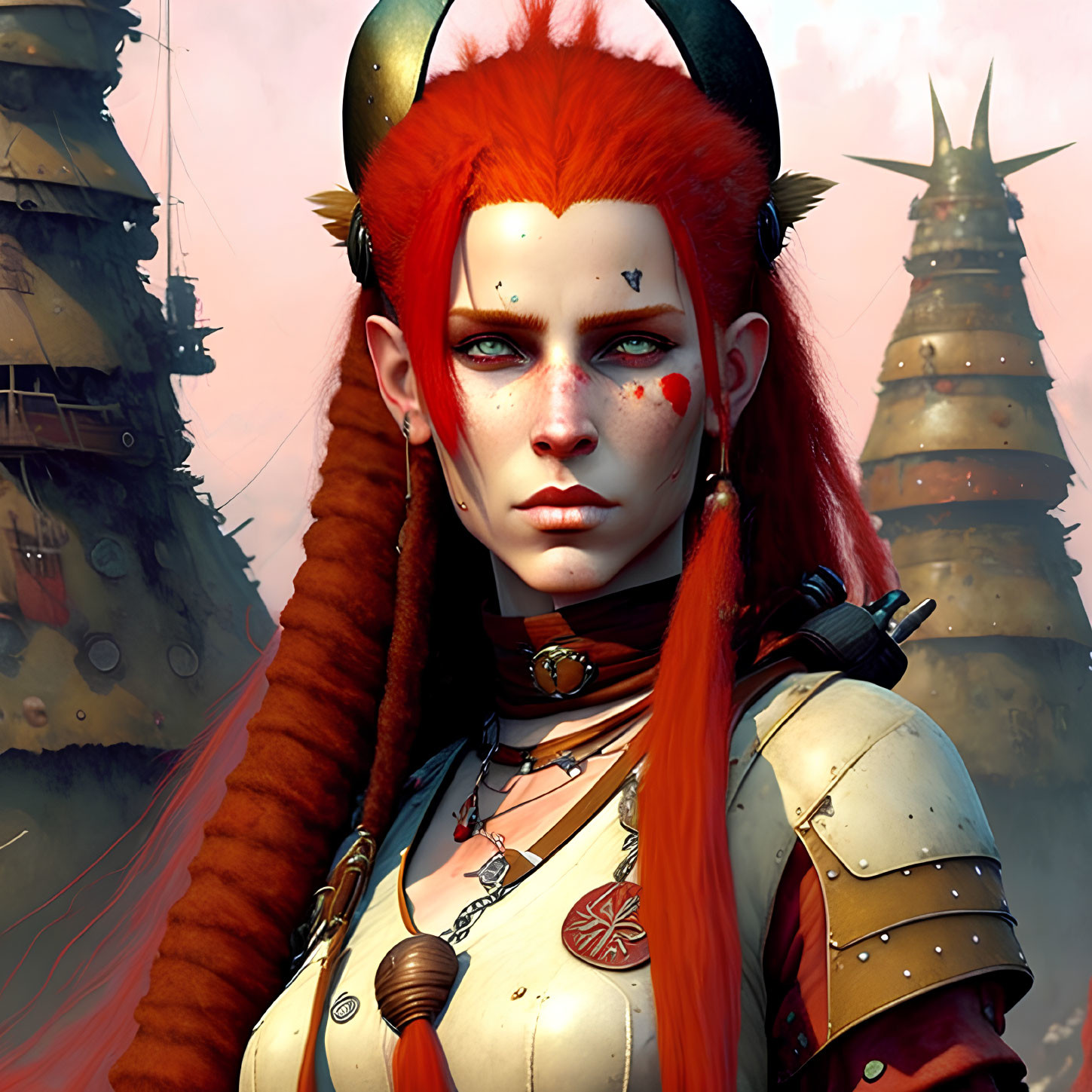 Red-Haired Fantasy Character with Horns and Tribal Face Paint in Armor against Industrial Background