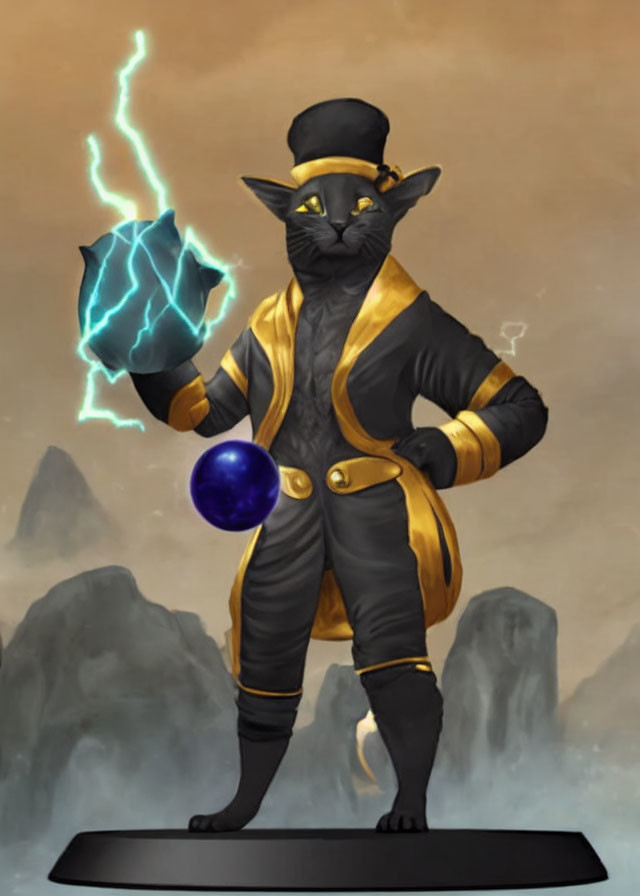 Cat in top hat and jacket with blue orb and lightning, mountains background