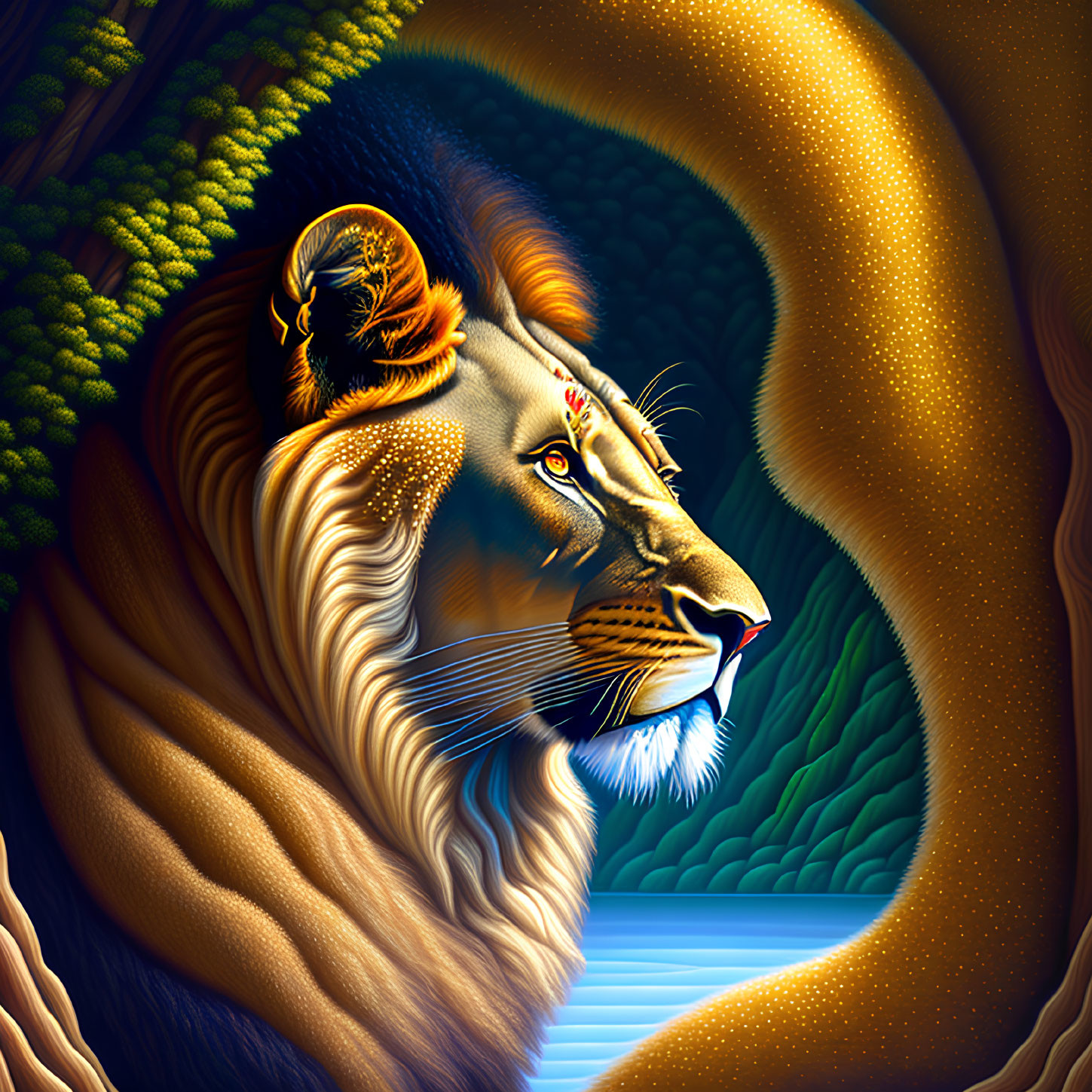 Illustrated majestic lion with flowing mane in surreal nature backdrop.