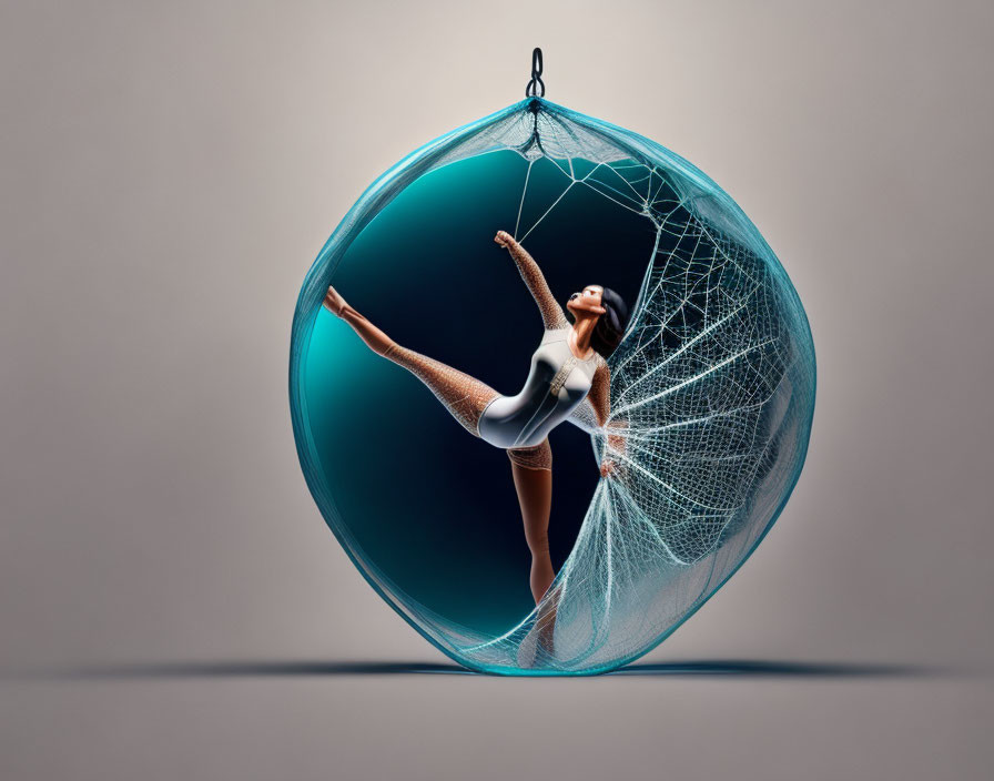 Dancer posing in transparent sphere with web-like patterns