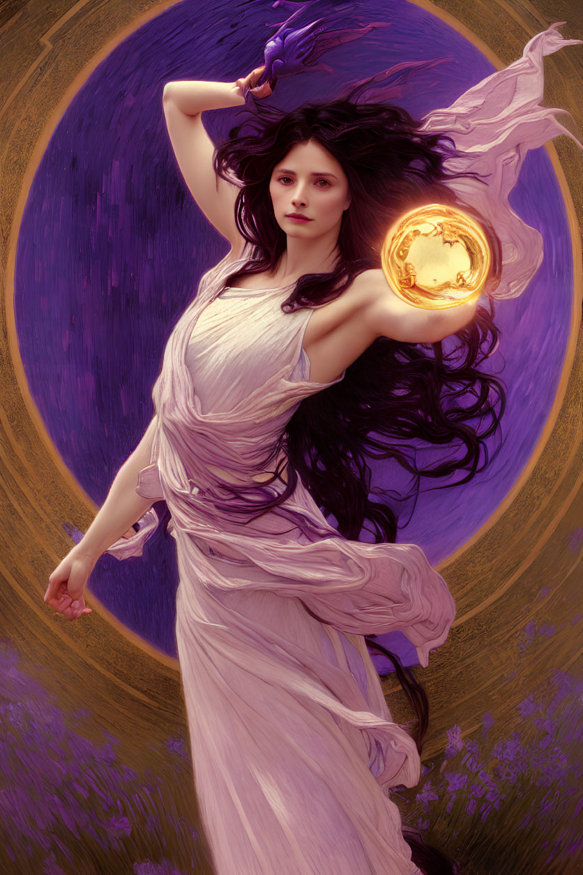 Mystical woman in white dress with golden coin in purple aura